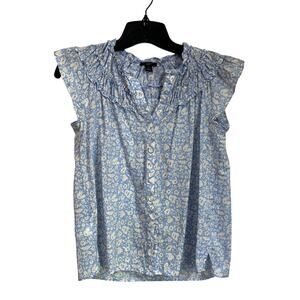 Ann Taylor Blue Floral Ruffle Neck Blouse S Petite Button Down Feminine Chic